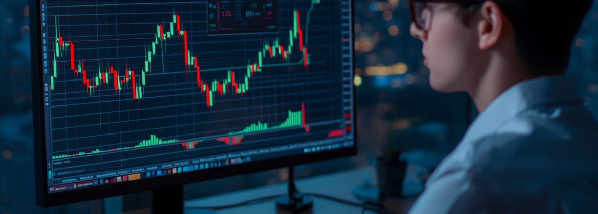 Forex trader analyzing charts on a computer screen and try to learn what is Forex Trading